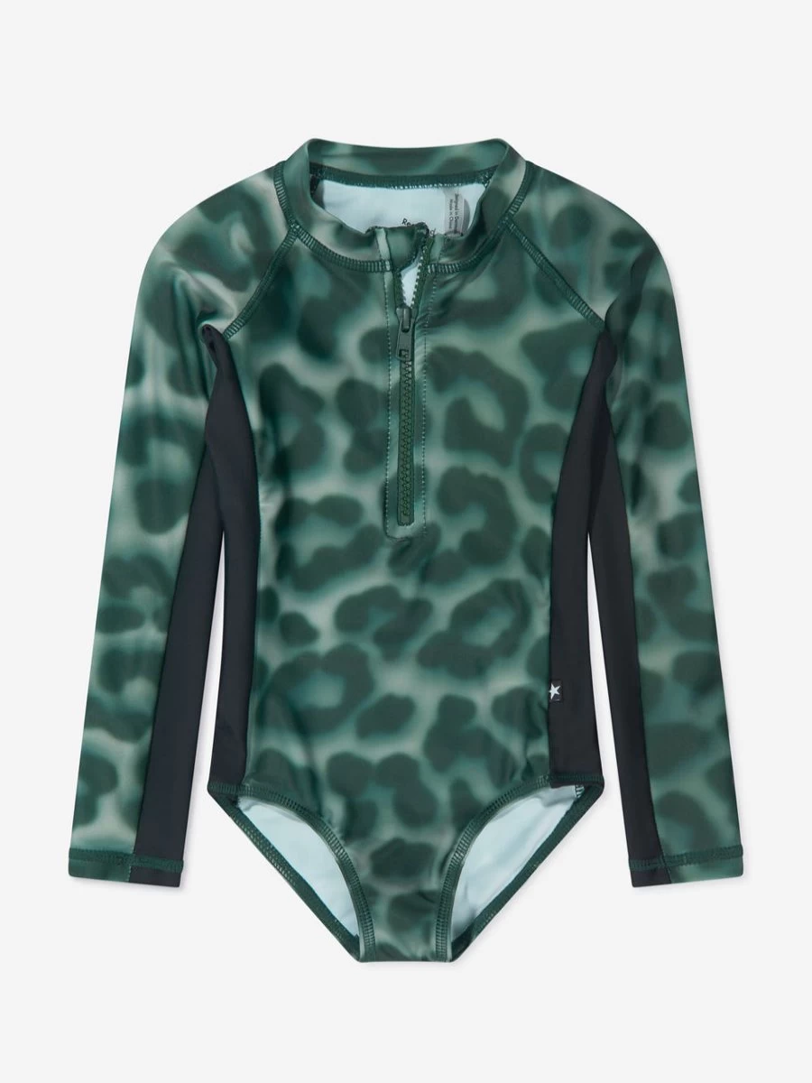 Molo Teen Girls Green Leopard Print Long Sleeve Swimsuit - Stylish One-Piece Bathing Suit