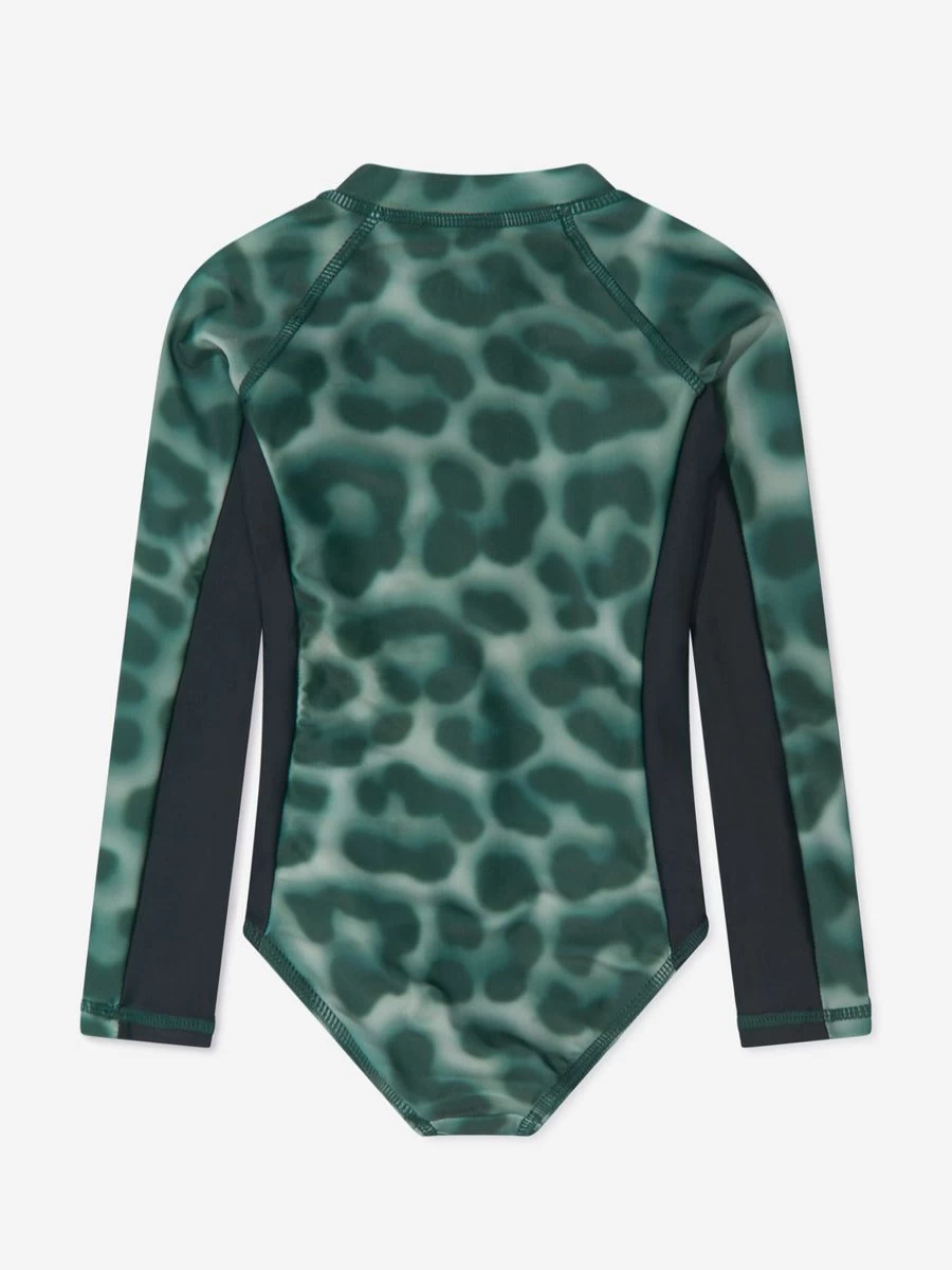 Molo Teen Girls Green Leopard Print Long Sleeve Swimsuit - Stylish One-Piece Bathing Suit