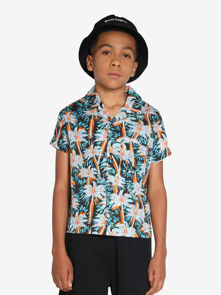 Palm Angels Boys Black Bowling Shirt with All-Over Print (AOP) Design