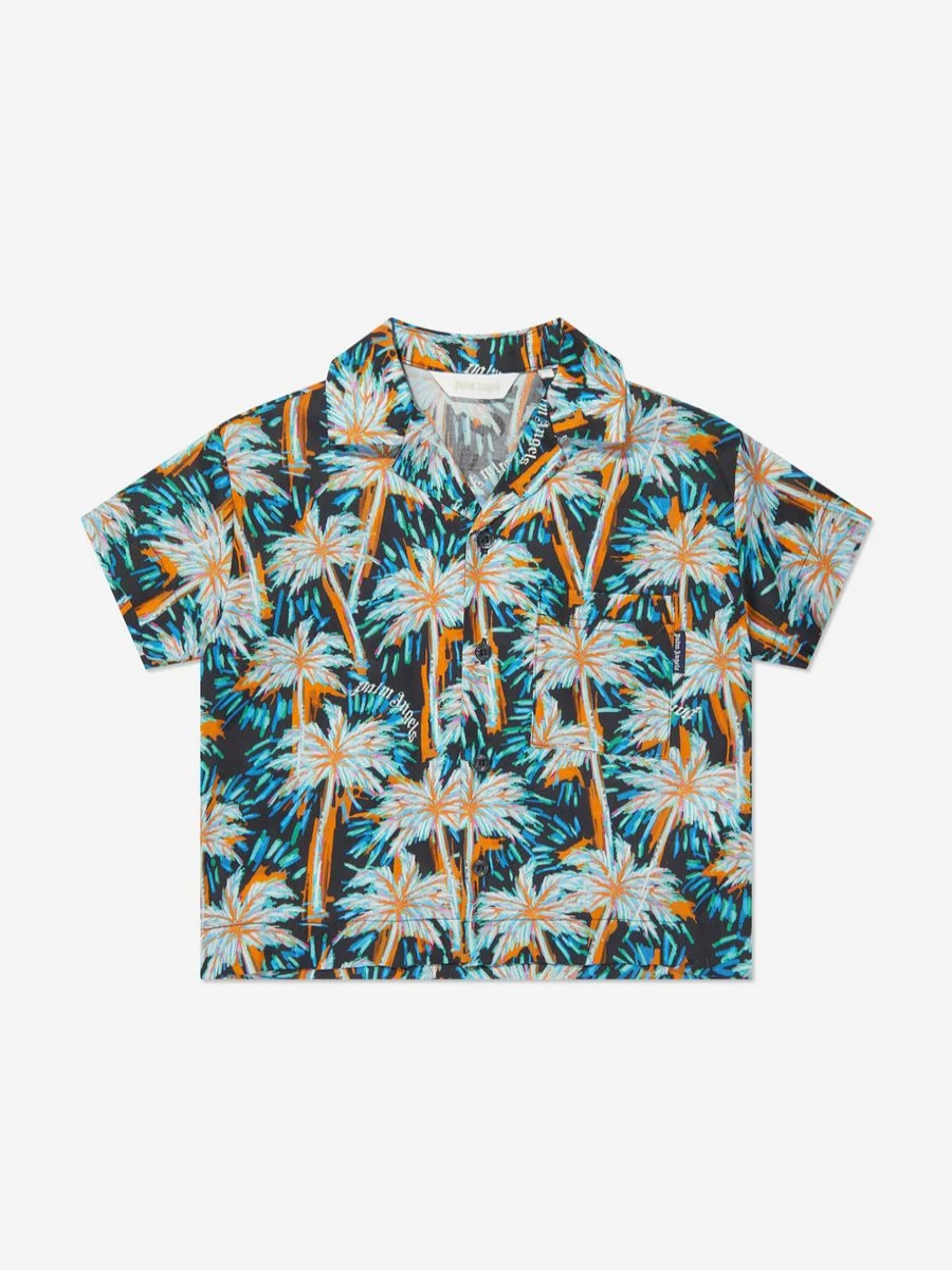 Palm Angels Boys Black Bowling Shirt with All-Over Print (AOP) Design