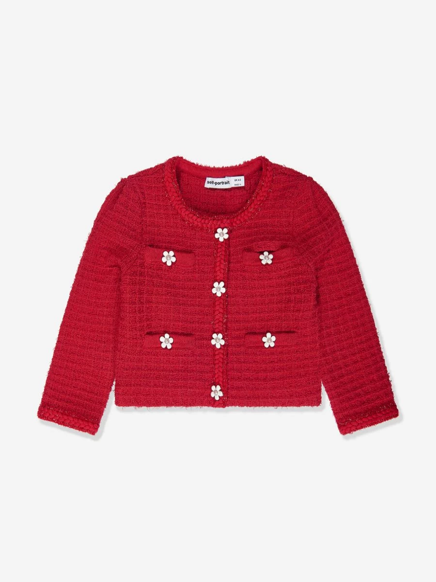 "Self Portrait Red Textured Knit Cardigan for Girls"