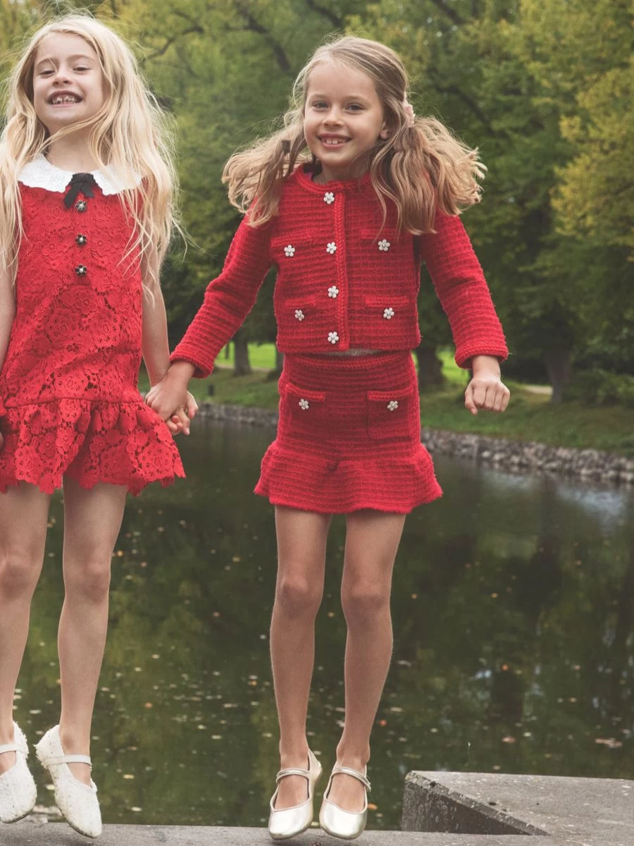 "Self Portrait Red Textured Knit Cardigan for Girls"
