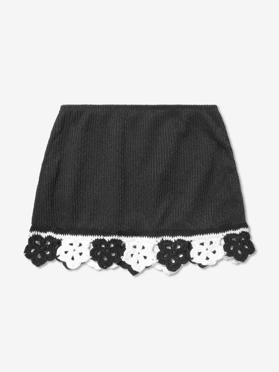 Nessi Byrd Girls Black Crochet Flower Sun Skirt - Floral Lace Trim Summer Skirt for Toddlers