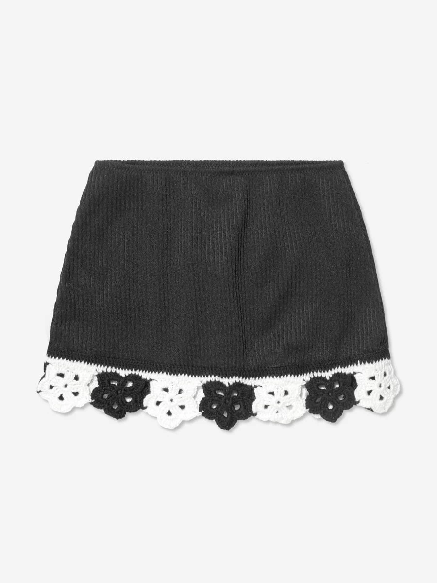Nessi Byrd Girls Black Crochet Flower Sun Skirt - Floral Lace Trim Summer Skirt for Toddlers