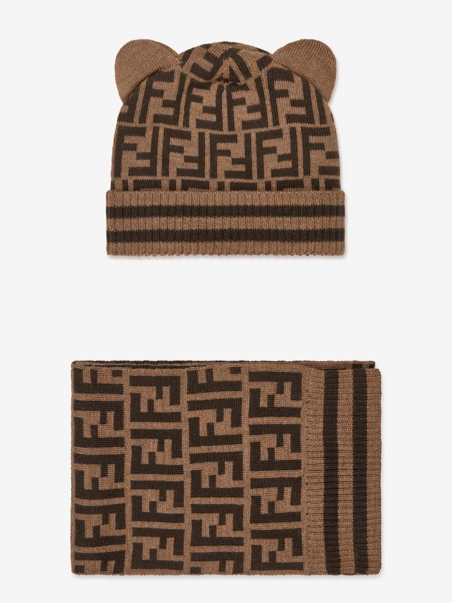 Fendi Kids Baby Brown Logo Embroidered Hat and Scarf Set for Infants
