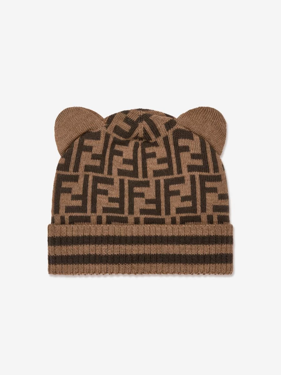Fendi Kids Baby Brown Logo Embroidered Hat and Scarf Set for Infants