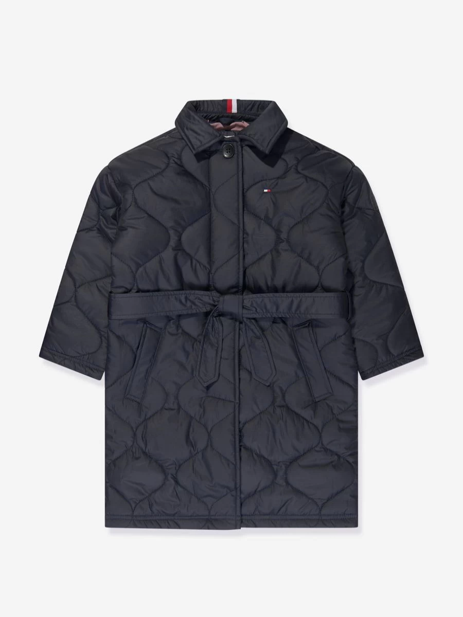 Tommy Hilfiger Girls Navy Quilted Long Trench Coat for Kids