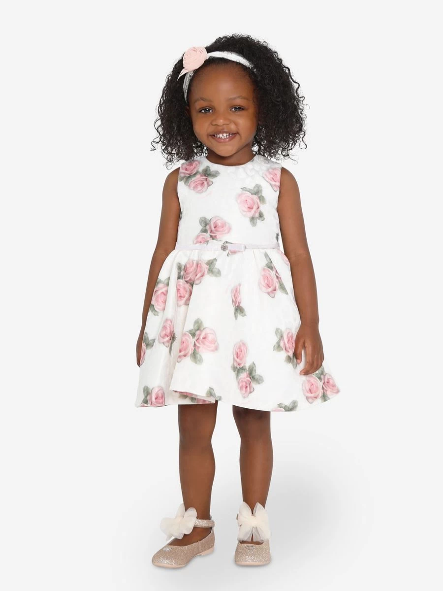 Monnalisa Baby Girls White Sleeveless Rose Print Dress