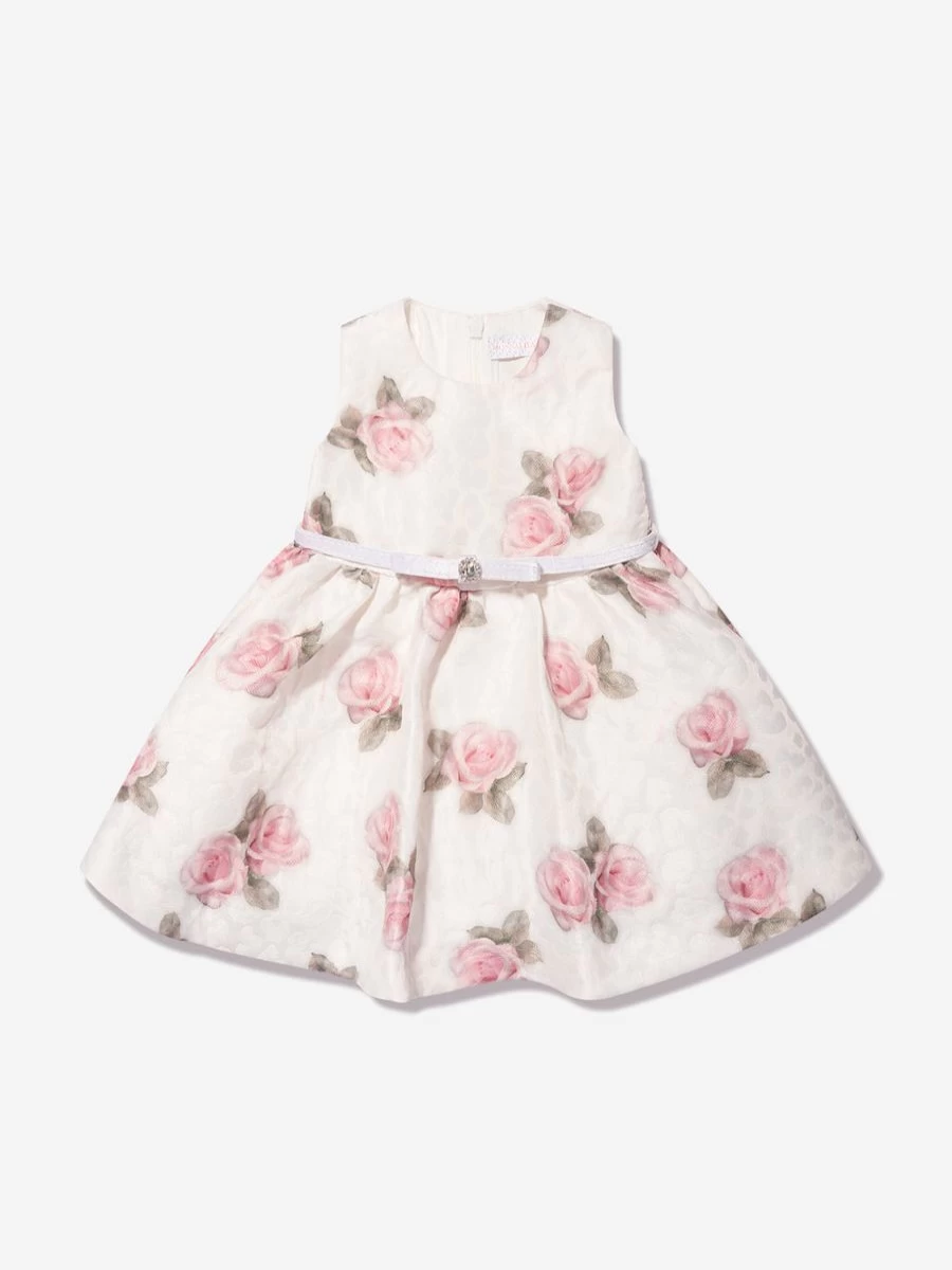 Monnalisa Baby Girls White Sleeveless Rose Print Dress