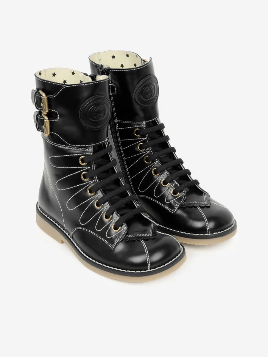 Gucci Kids Girls Leather Lace-Up Ankle Boots