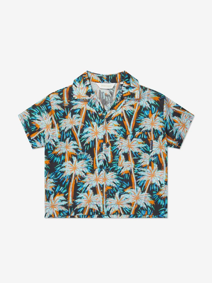 Palm Angels Teen Boys Black Bowling Shirt with All-Over Print AOP Design