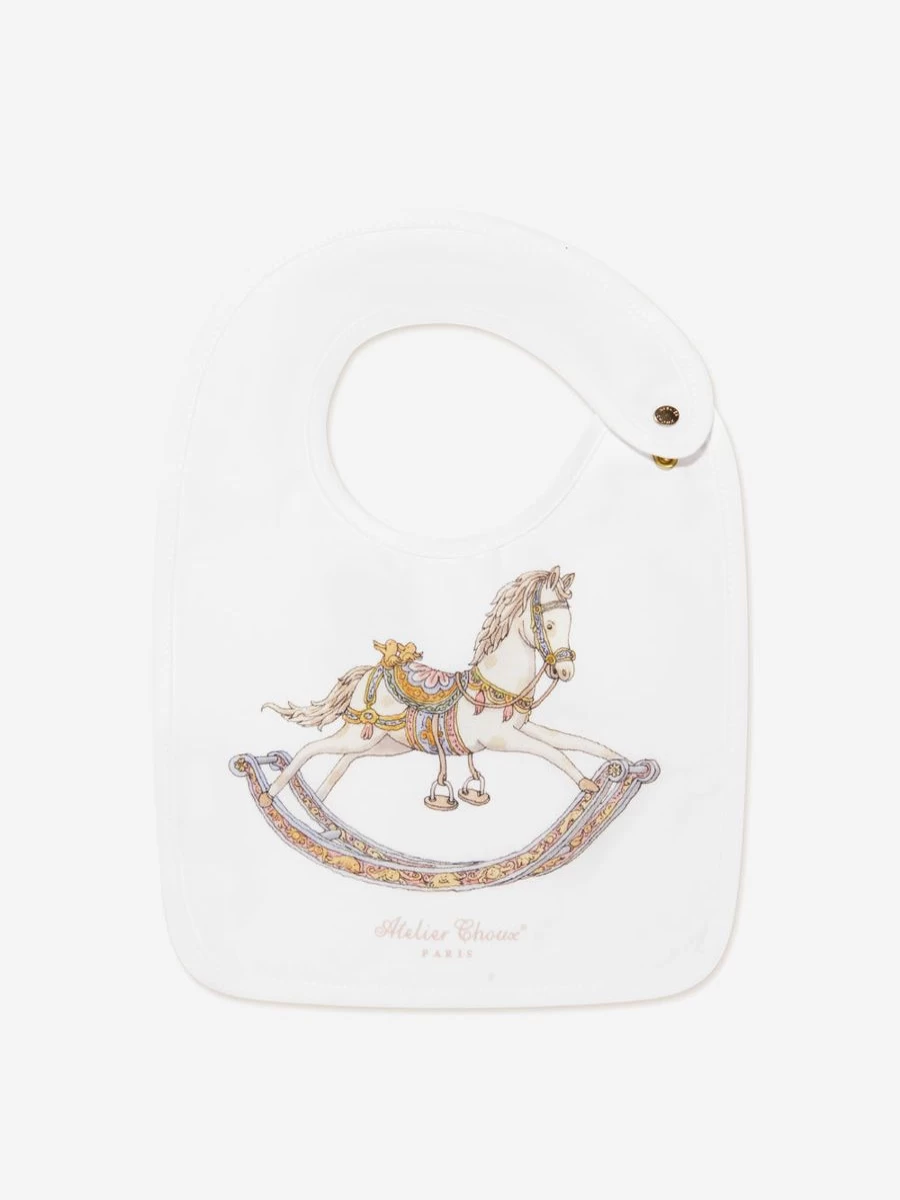 Atelier Choux White Satin Baby Rocking Horse Bib for Newborns and Infants
