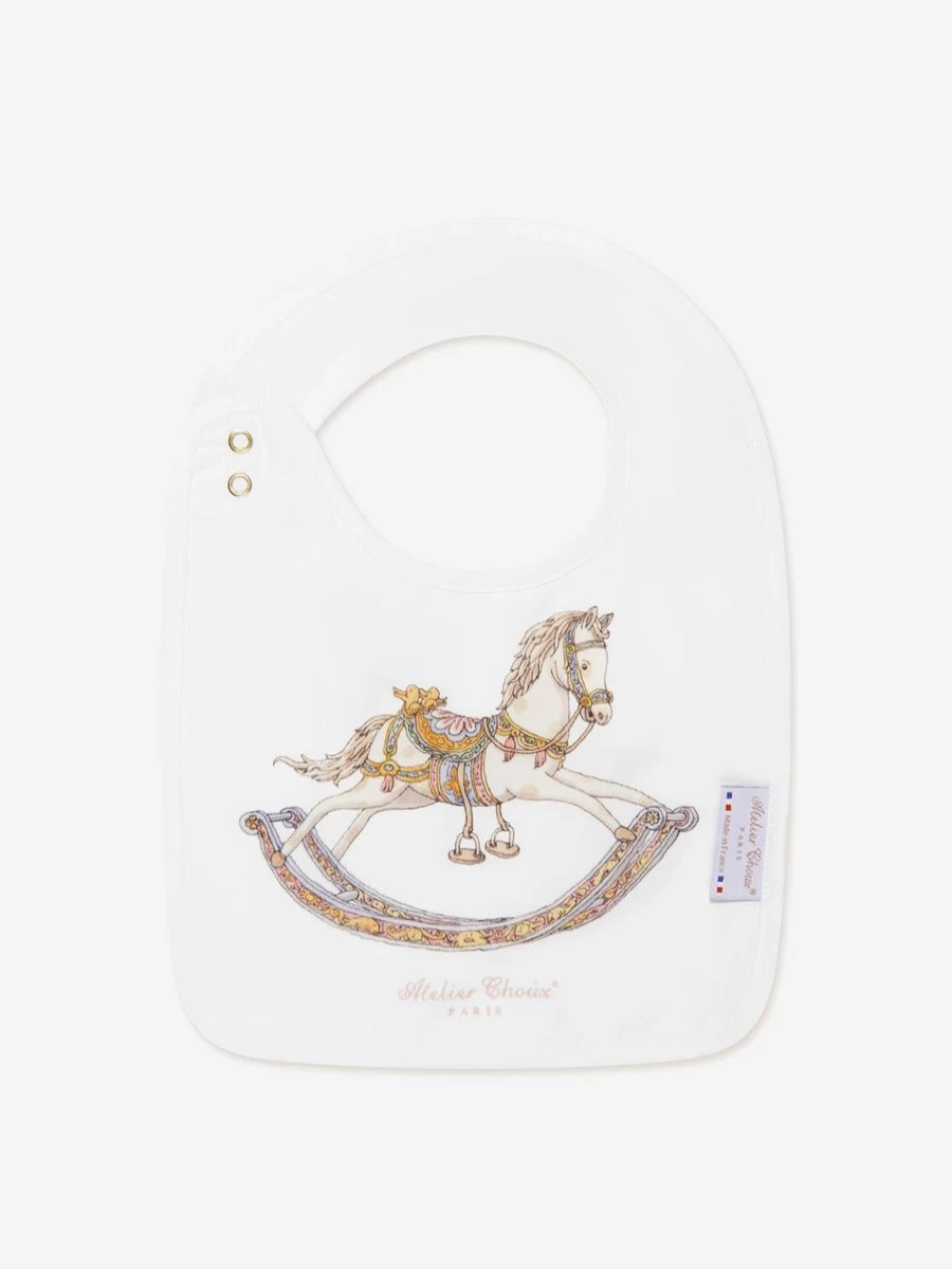 Atelier Choux White Satin Baby Rocking Horse Bib for Newborns and Infants