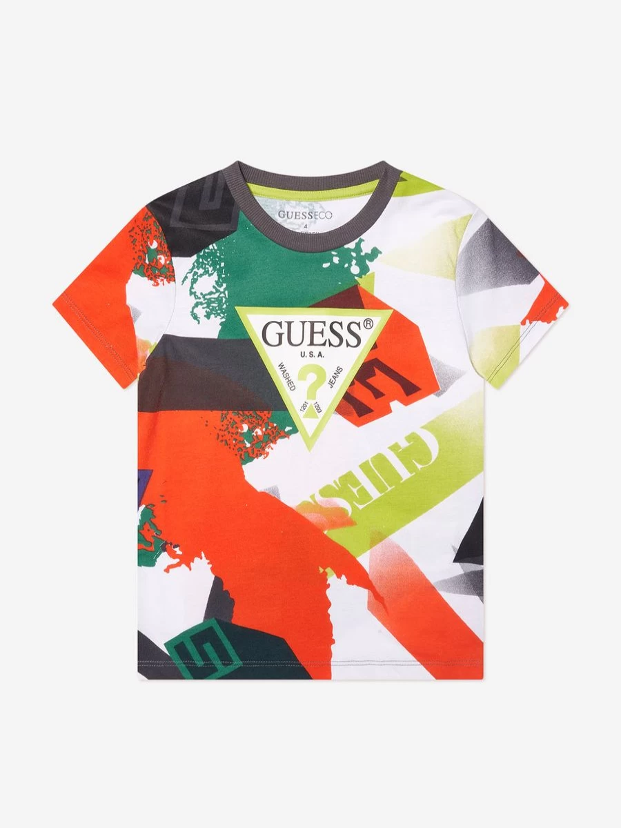 Guess Boys Geometric Print Multicolor T-Shirt - Stylish Graphic Tee for Kids