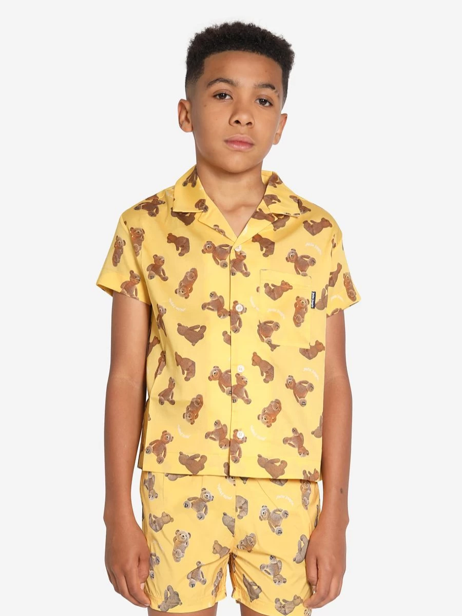 Palm Angels Boys Bear Print Bowling Shirt in Yellow - AOP Graphic Tee
