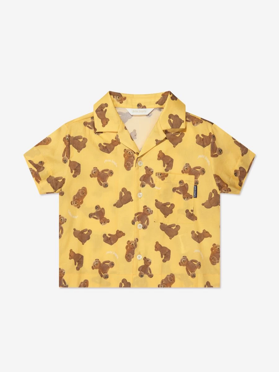 Palm Angels Boys Bear Print Bowling Shirt in Yellow - AOP Graphic Tee