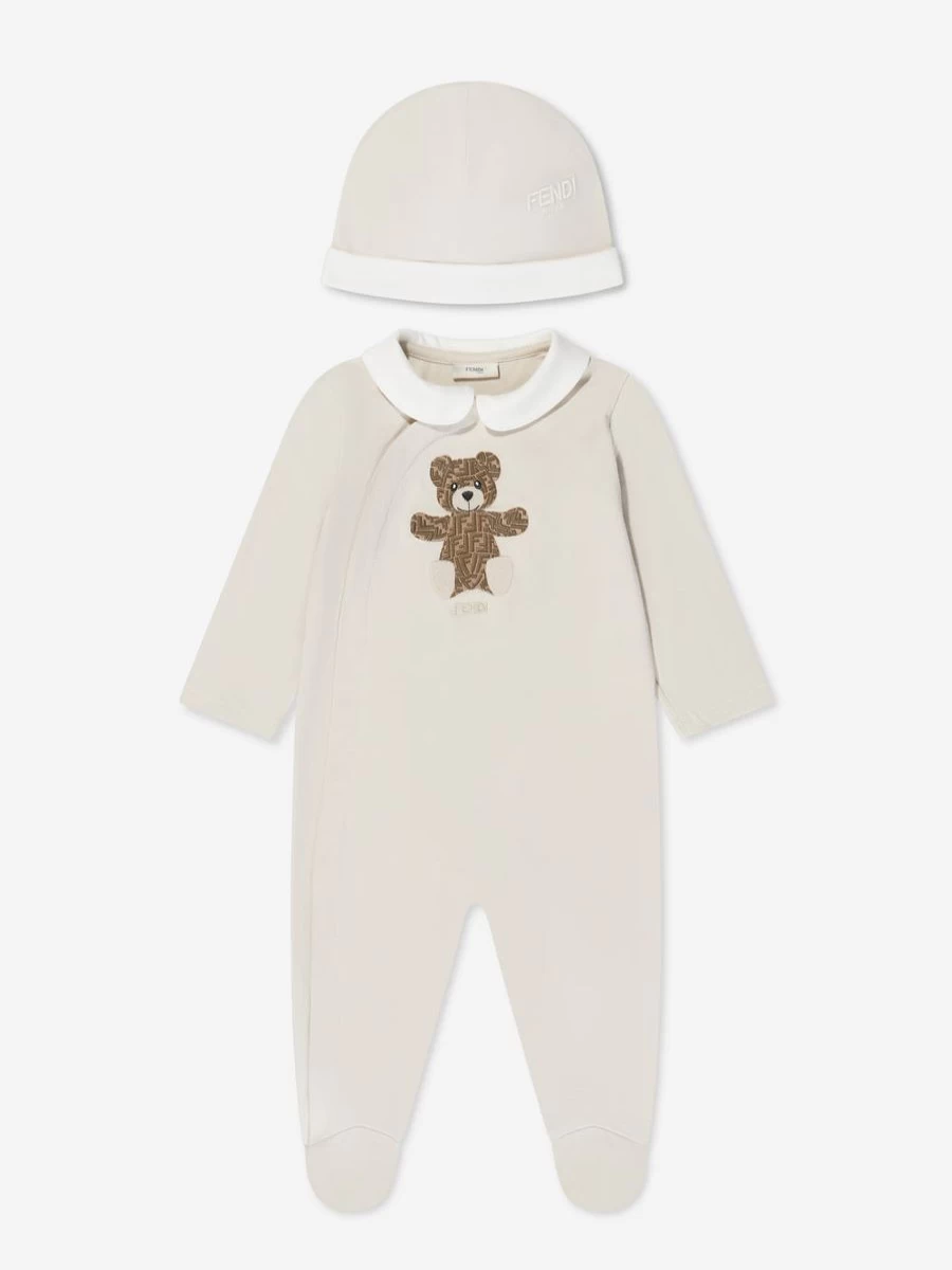 Fendi Kids Baby Bear 2-Piece Babygrow Gift Set in Beige for Infants | Luxurious Baby Clothing