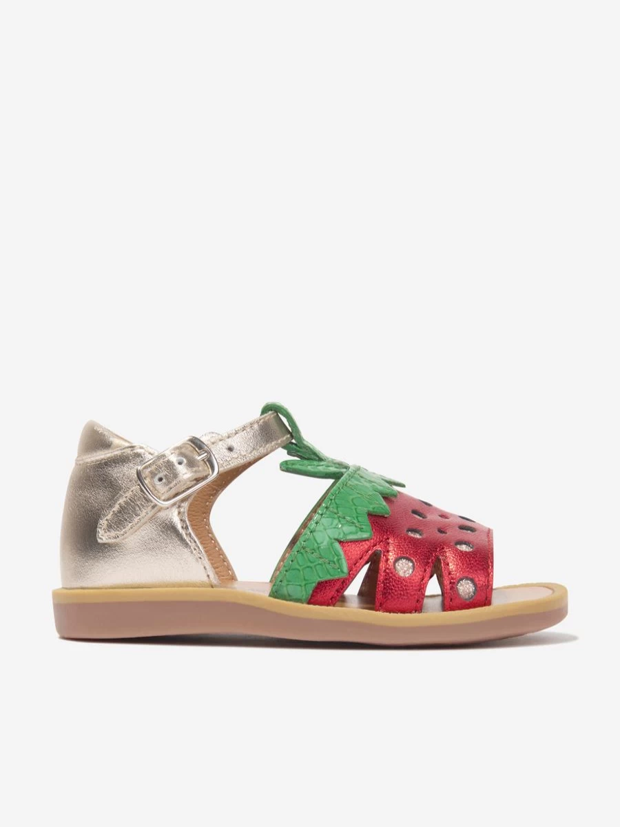 Pom D'Api Baby Girls Gold Leather Sandals with Poppy Strawberry Design
