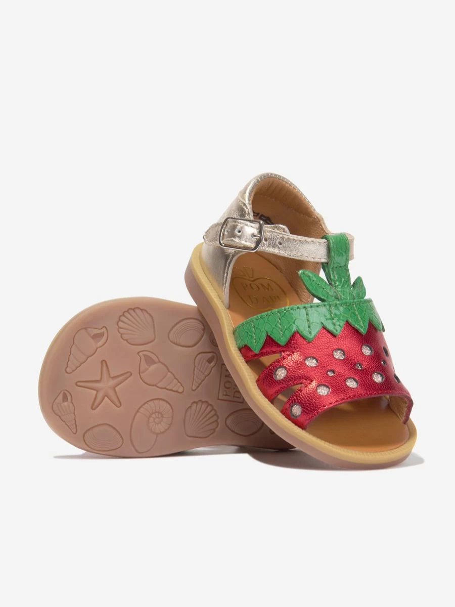 Pom D'Api Baby Girls Gold Leather Sandals with Poppy Strawberry Design