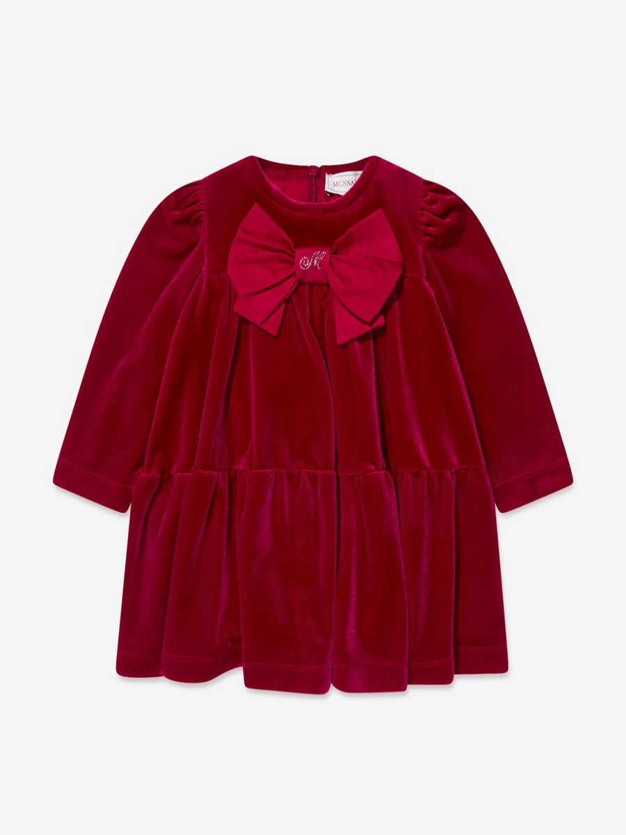 Monnalisa Baby Girls Red Velour Bow Dress - Elegant & Comfortable Toddler Outfit