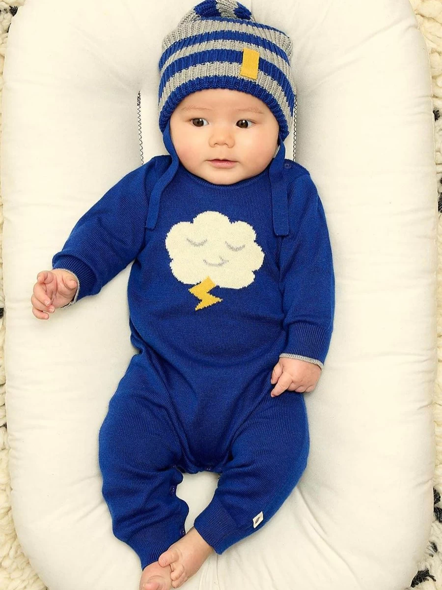 The Bonnie Mob Baby Boys Blue Knitted Cloud Romper - Soft Cotton Jumpsuit for Infants