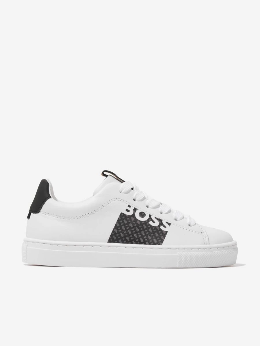 BOSS Boys White Leather Monogram Trainers - Stylish Kids' Sneakers