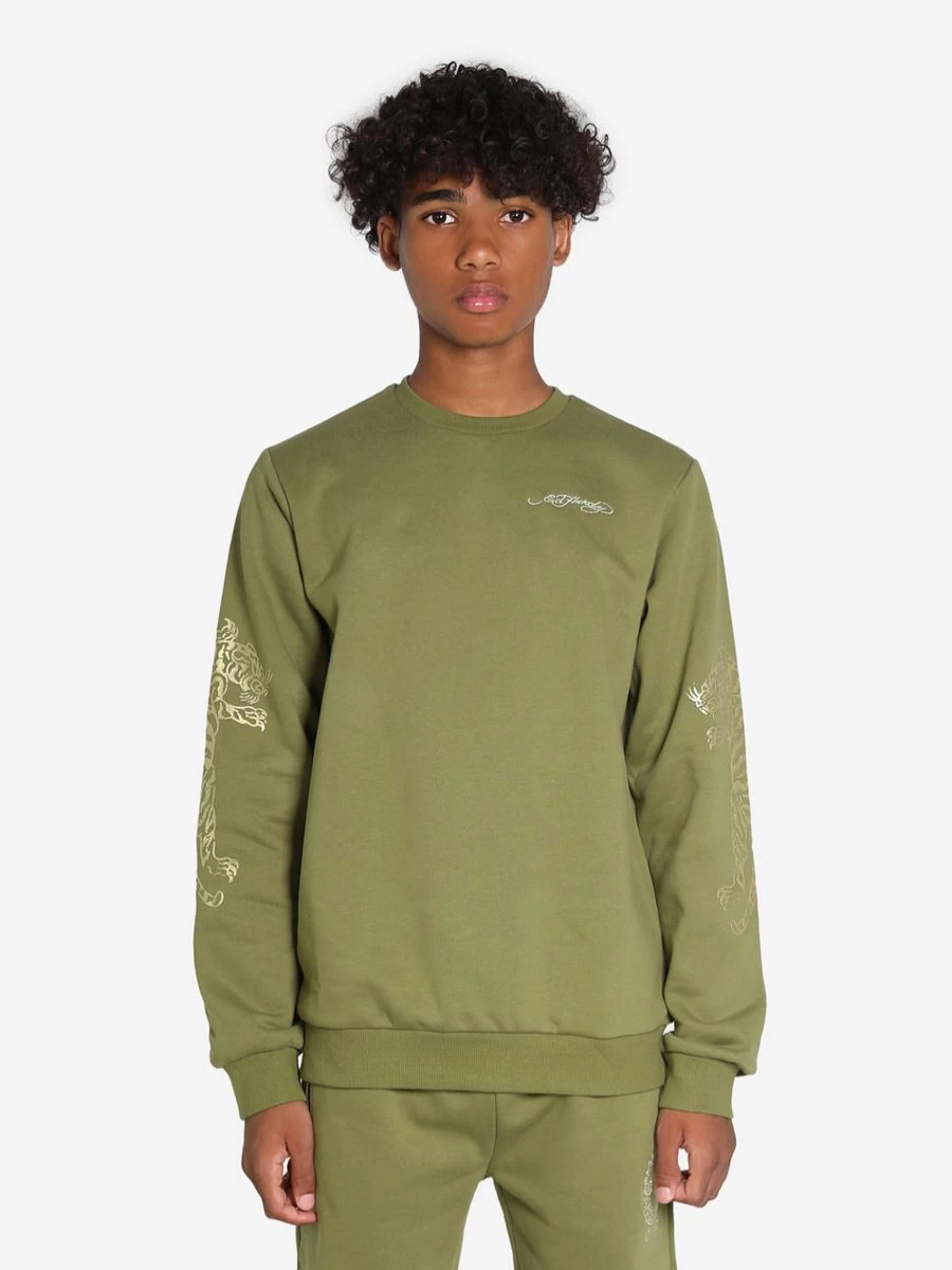 ED Hardy Teen Boys Green Tiger Print Sweatshirt - Cool Animal Graphic Hoodie