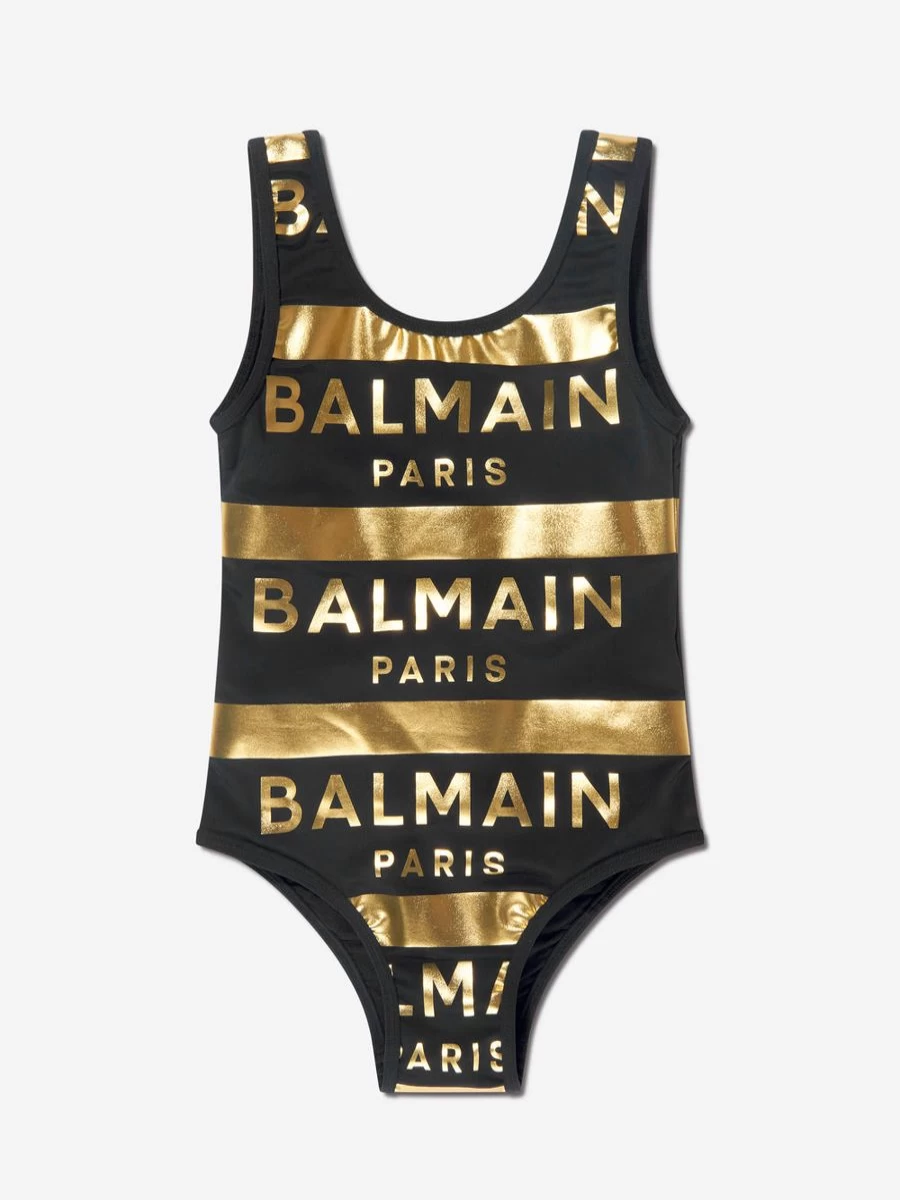 Balmain Teen Girls Black Striped Logo Swimsuit