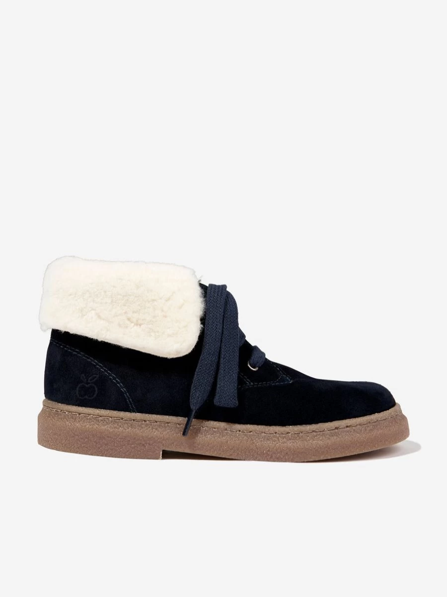 Pom D'Api Boys Navy Blue Sheepskin Trix Fur Winter Boots for Kids