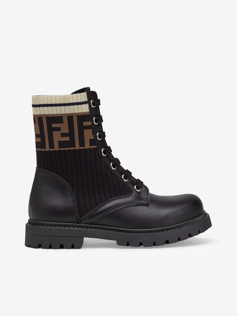 Fendi Kids Black Leather FF Logo Biker Boots for Teens | Stylish Motorcycle Boots