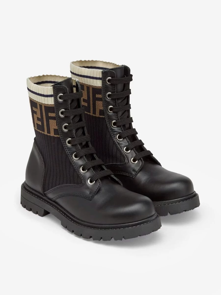 Fendi Kids Black Leather FF Logo Biker Boots for Teens | Stylish Motorcycle Boots