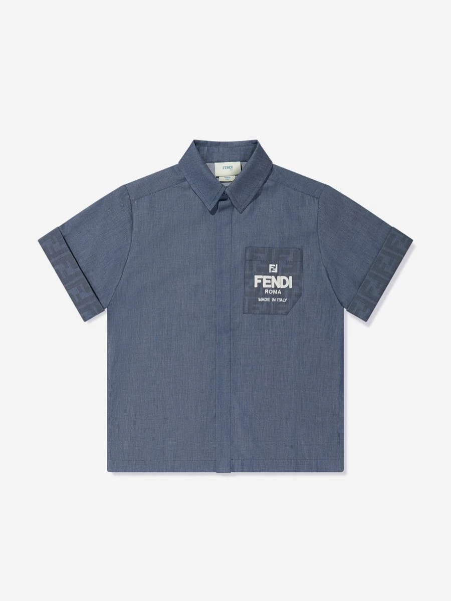 Fendi Kids Boys Blue Chambray Shirt with Pocket