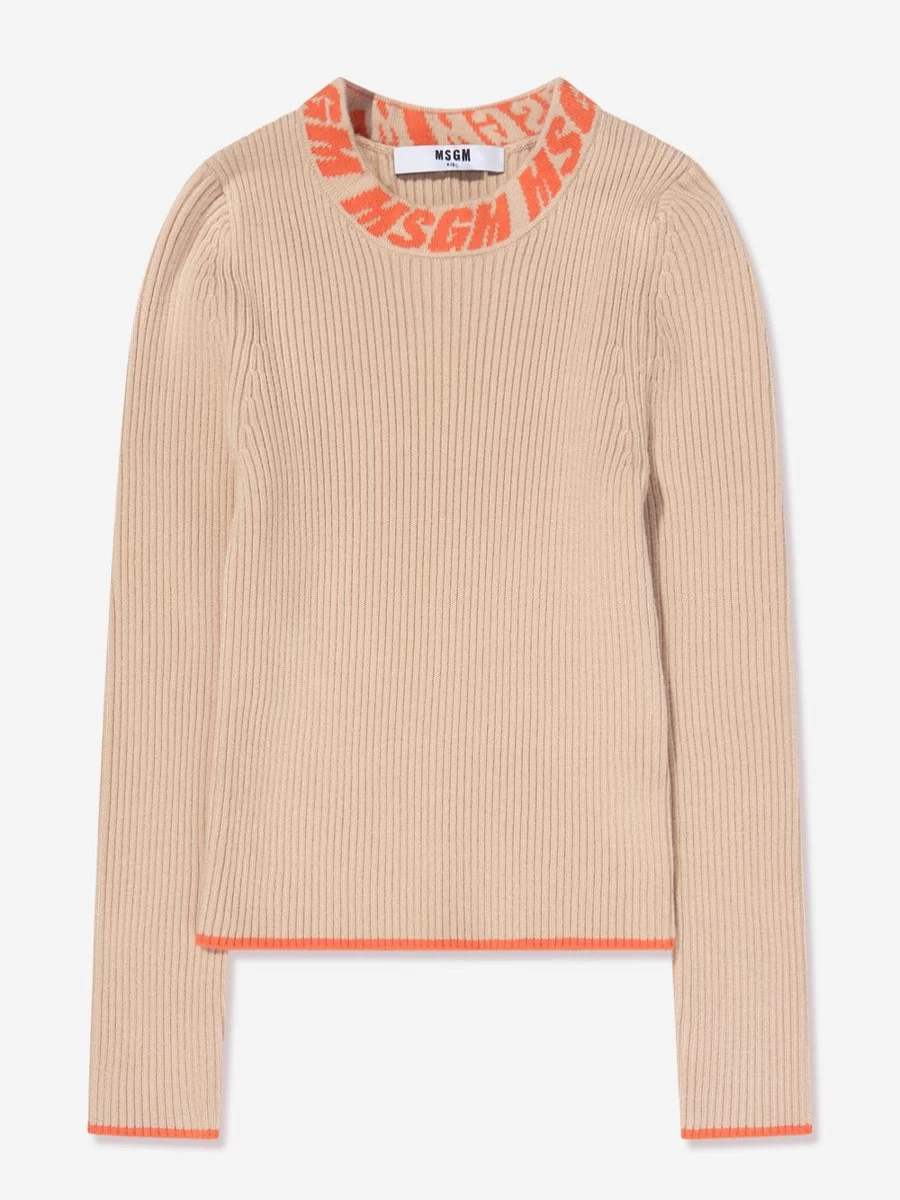 MSGM Girls Beige Ribbed Knit Turtleneck Sweater