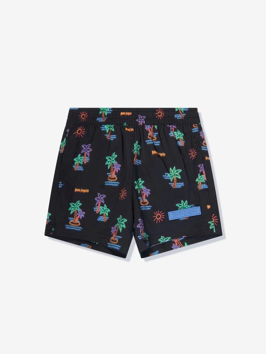 Palm Angels Boys Black Neon Swim Shorts with Palm Design