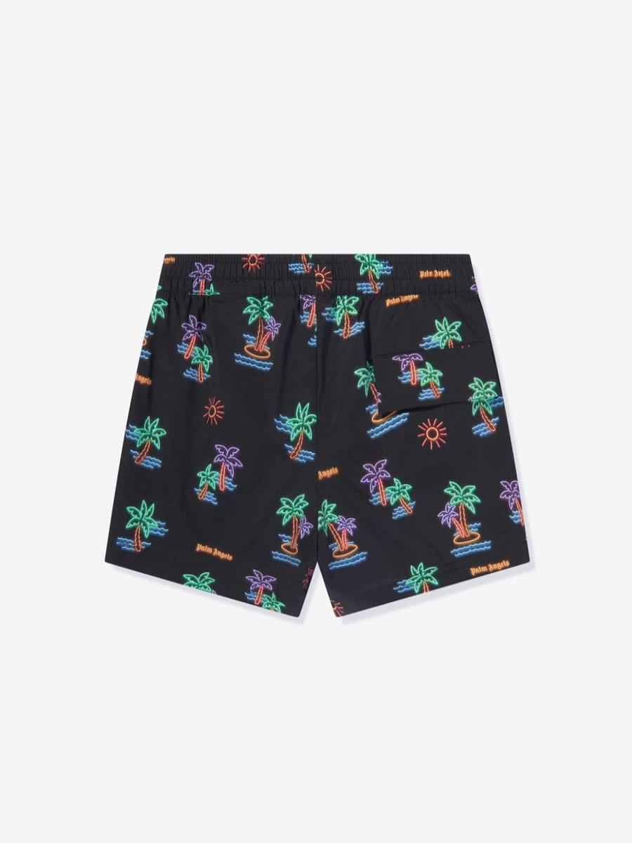 Palm Angels Boys Black Neon Swim Shorts with Palm Design