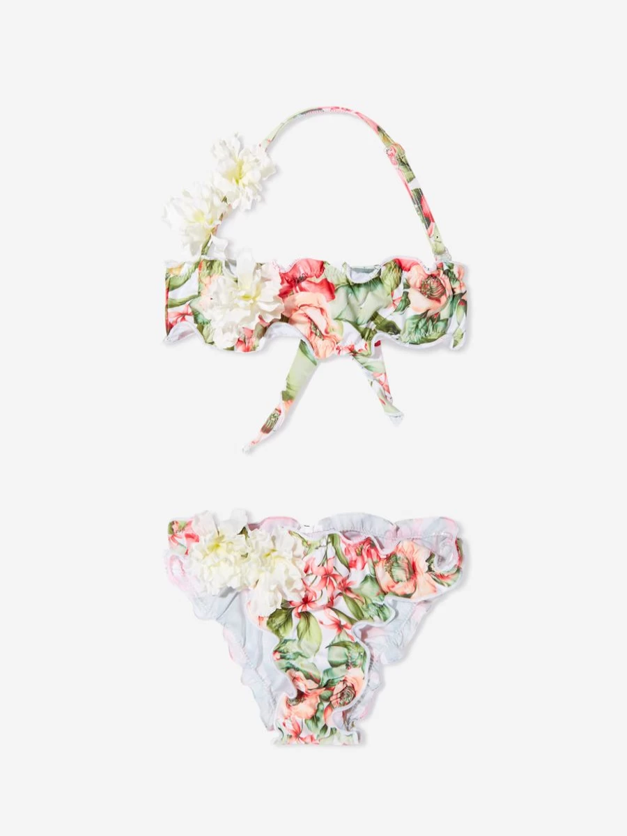 "Selini Action Teen Girls Floral Ruffle Bikini Swimsuit in White"
