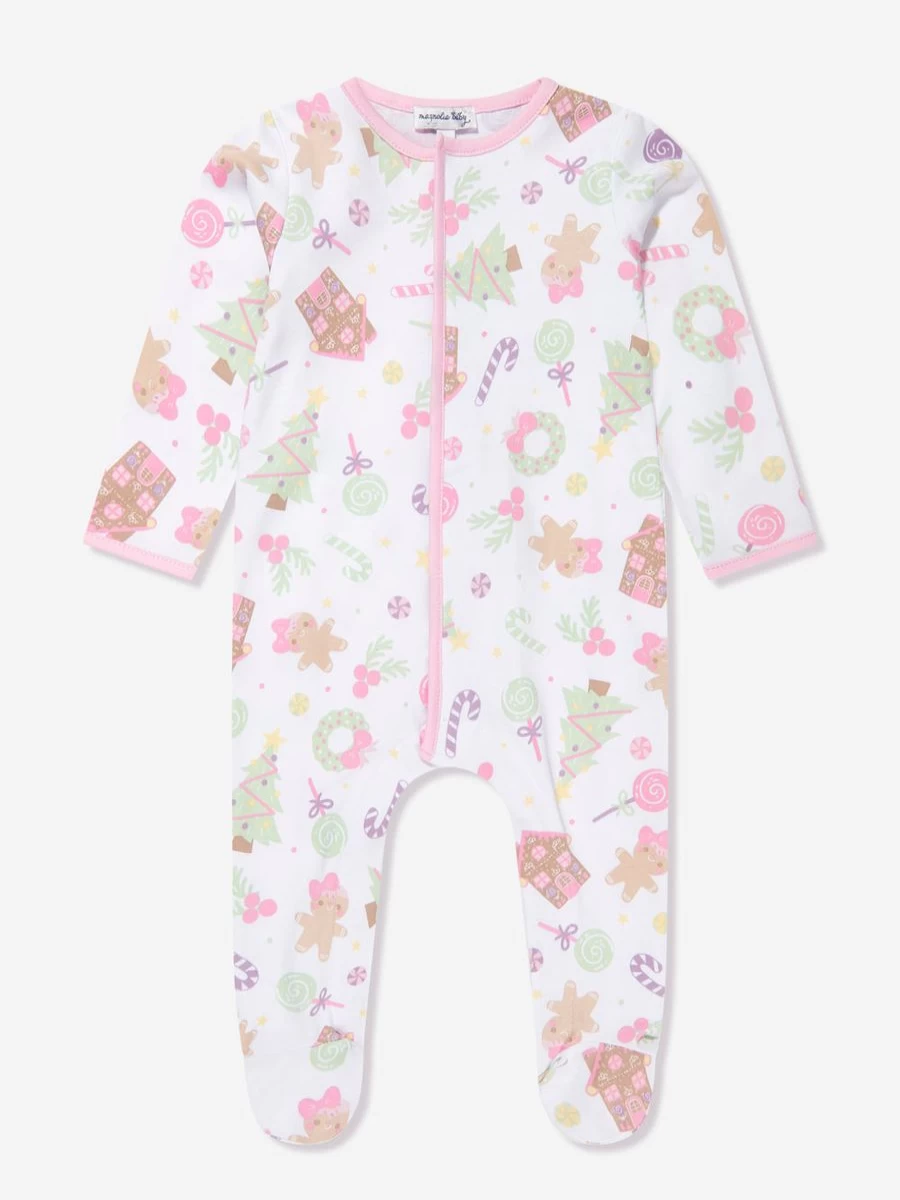 Magnolia Baby Pink Gingerbread Print Babygrow for Girls - Sweet Holiday Outfit