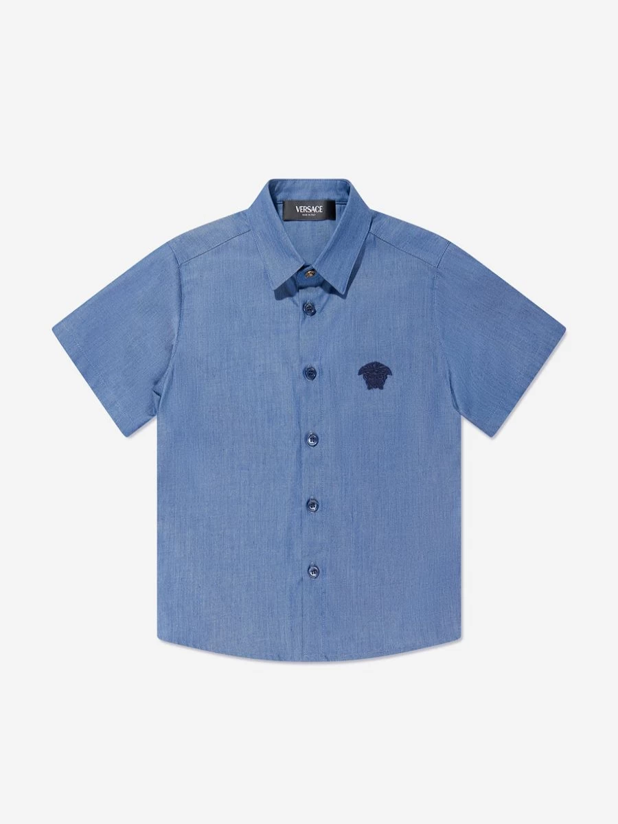 Versace Teen Boys Blue Chambray Short Sleeve Shirt