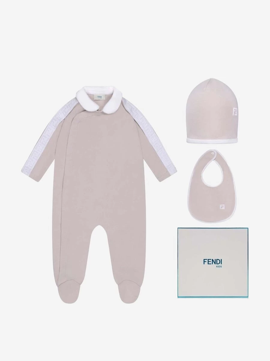 Fendi Kids Baby Romper Gift Set - 3-Piece Beige Outfit for Infants | Luxurious Baby Clothing
