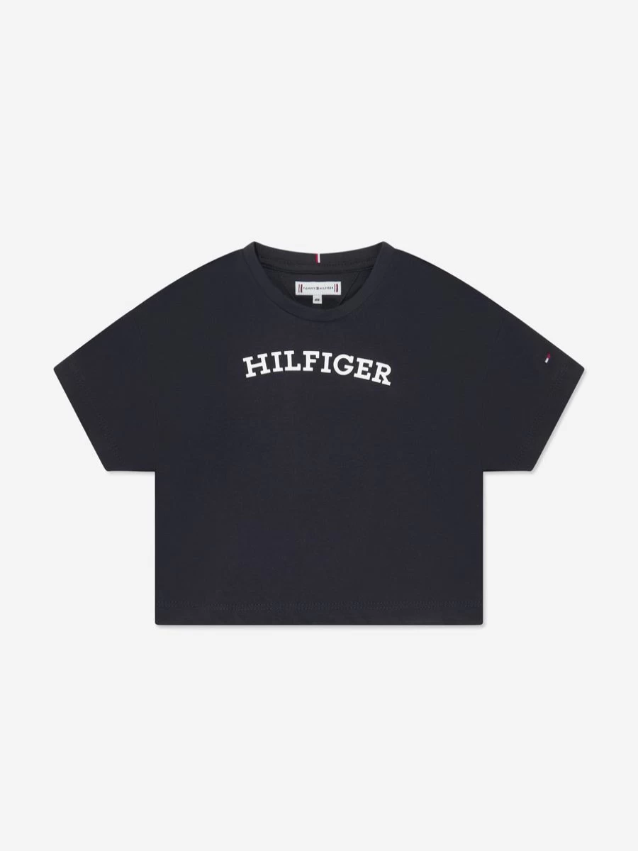 Tommy Hilfiger Girls Navy Monogram T-Shirt for Kids Casual Comfort Fit Top