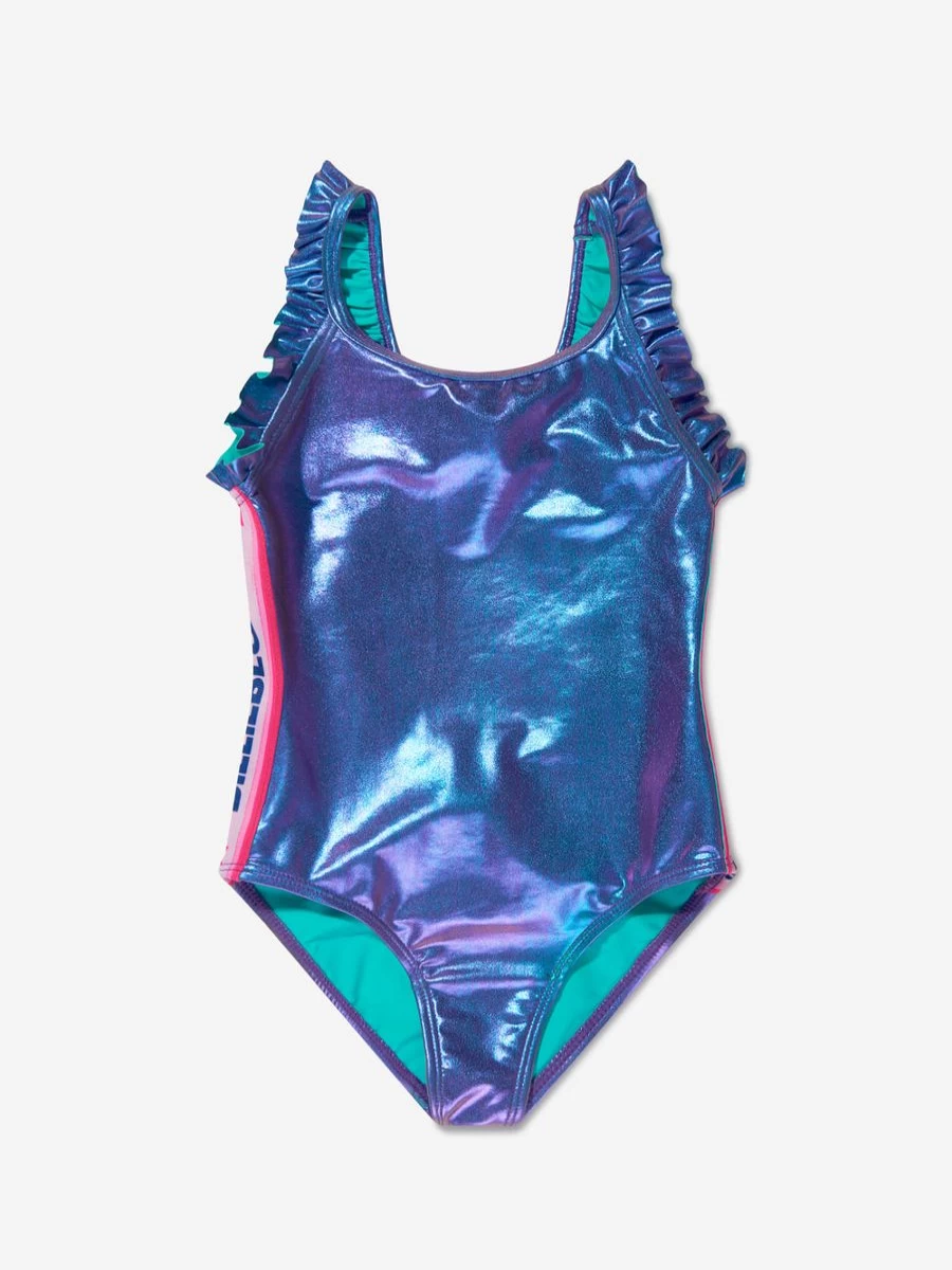 "Billieblush Girls' Blue Logo Trim One-Piece Swimming Costume for Kids"
