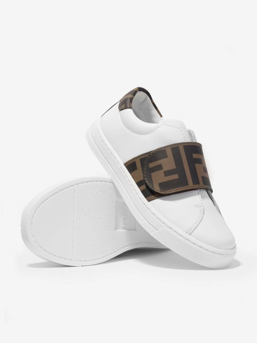 Fendi Kids Girls White Leather FF Logo Strap Sneakers | Childsplay Clothing