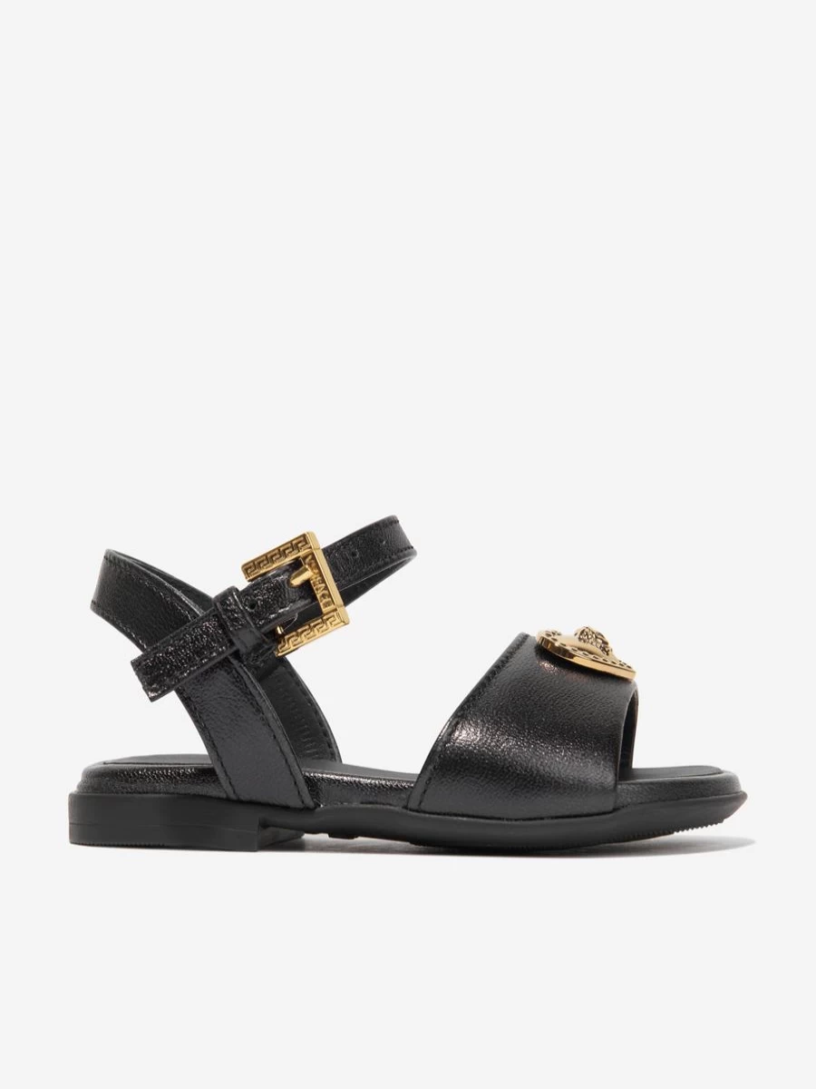 Versace Girls Black Leather Logo Sandals for Stylish Comfort