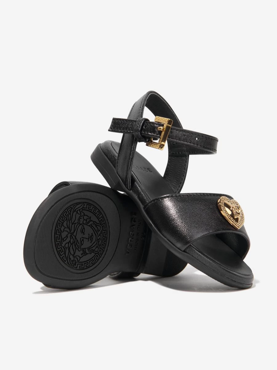 Versace Girls Black Leather Logo Sandals for Stylish Comfort