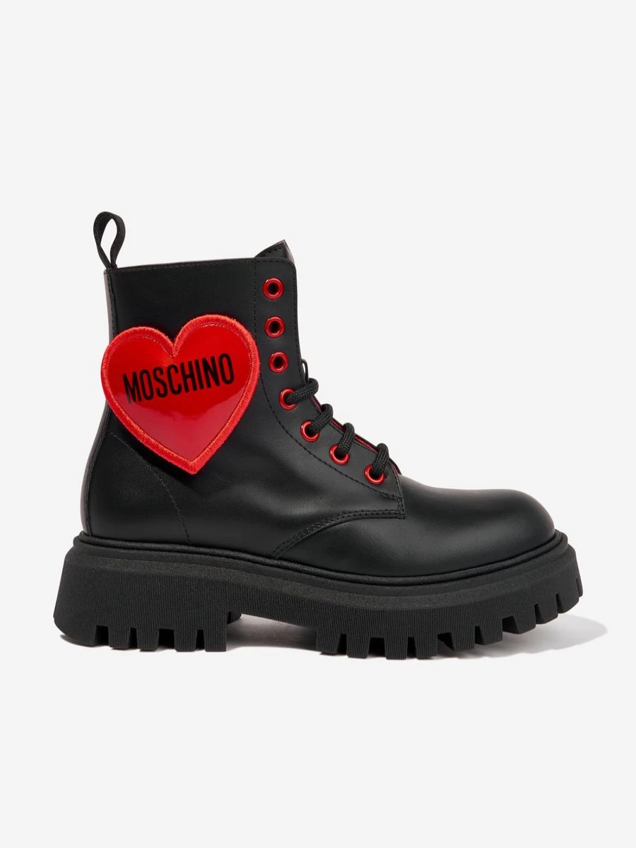 Moschino Kids Black Leather Heart Lace-Up Boots for Girls