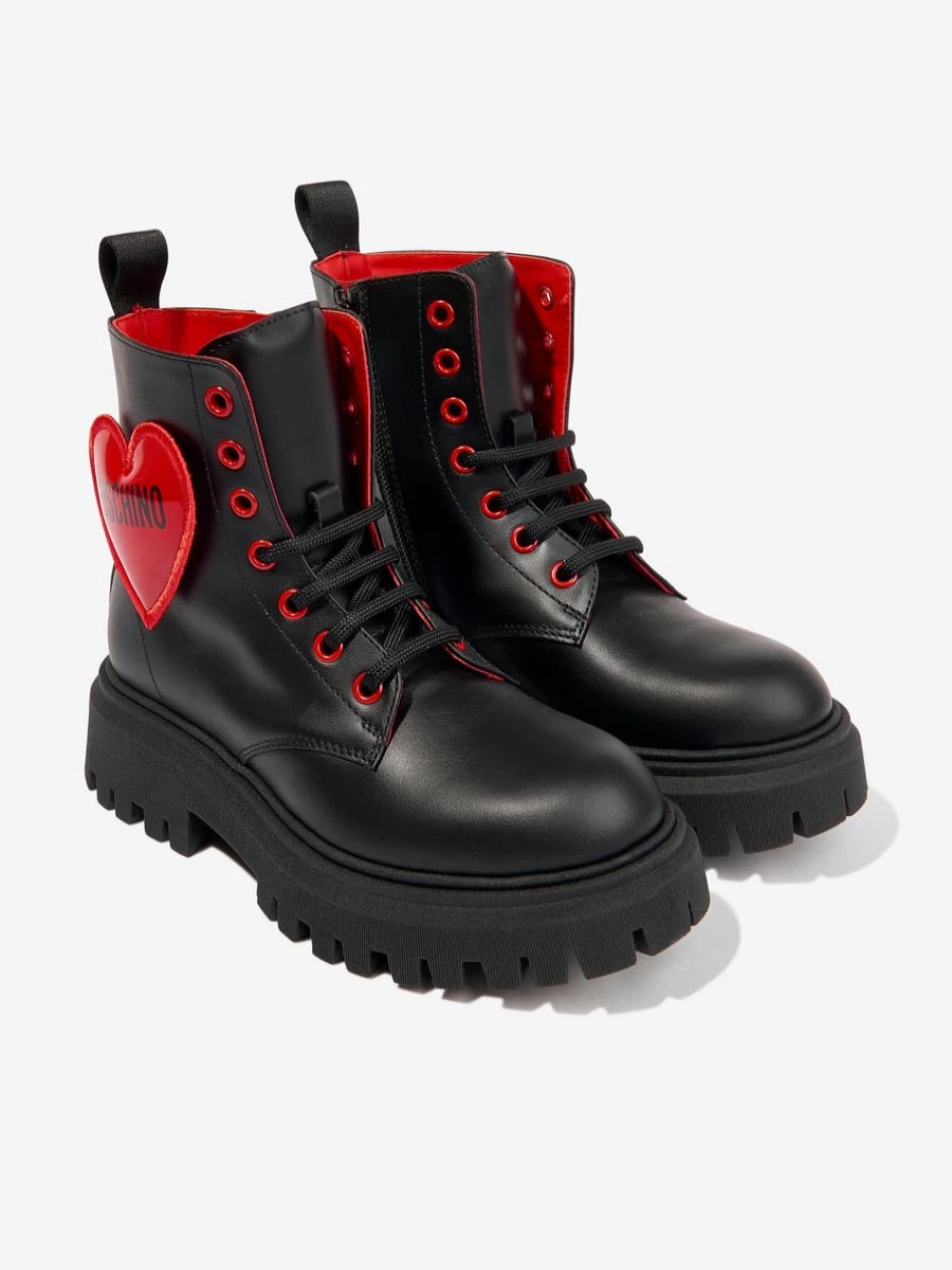 Moschino Kids Black Leather Heart Lace-Up Boots for Girls