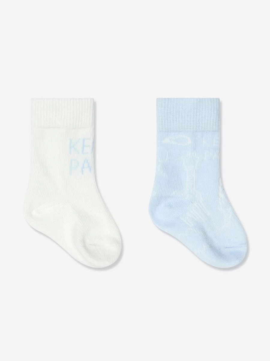 KENZO KIDS Girls' Baby Socks Set - 2 Pack Soft Blue Cotton Crew Socks for Infants & Toddlers