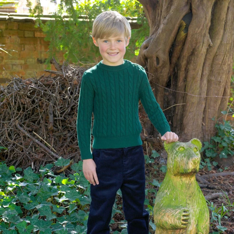 Rachel Riley Boys Green Cable Knit Jumper - Classic Knit Sweater for Boys