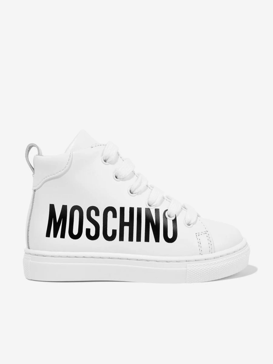Moschino Kids Boys White Leather High Top Sneakers for School and Casual Wear