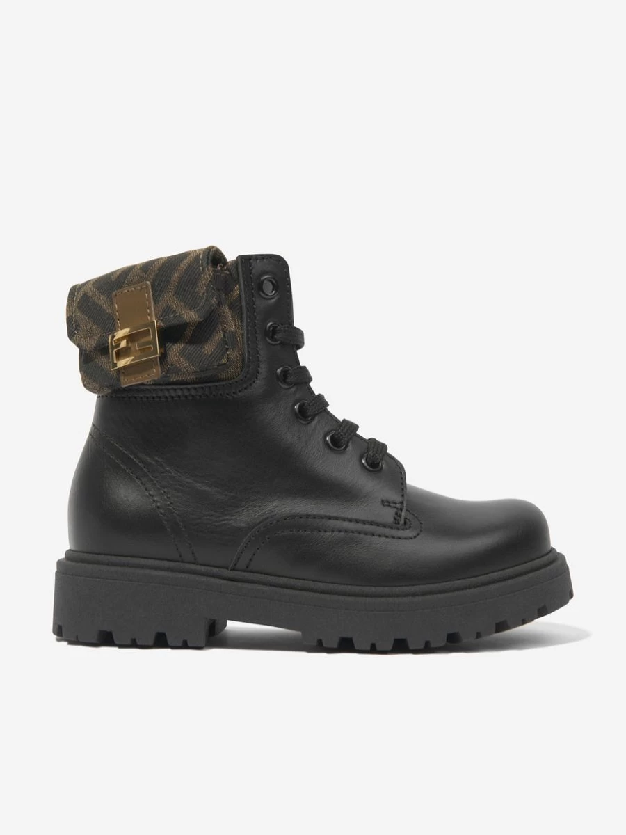 Fendi Kids Boys Black Leather Baguette Biker Boots